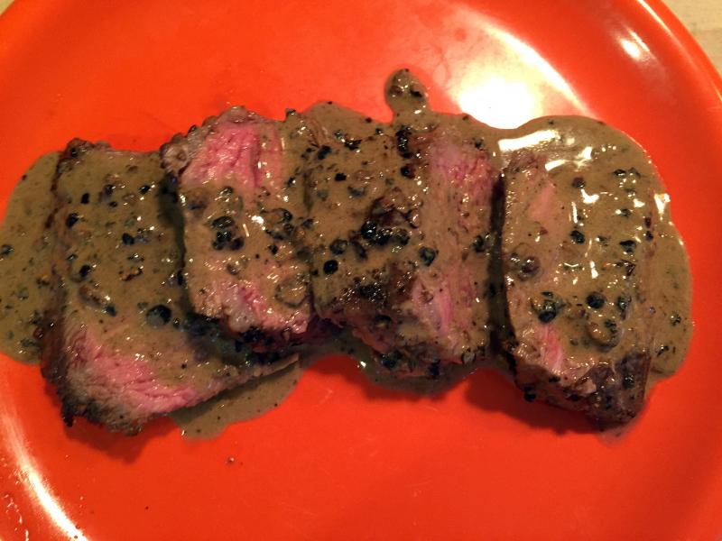 Steak au poivre served the classic way — with a brandy and cream sauce. SUZI THAYER/Boothbay Register