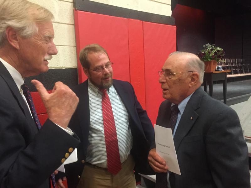 U.S. Sen. Angus King, I - Maine, left, chats with School Committee Chairman Steve Smith, center, and committee member Eugene Stover before the start of ceremonies. SUSAN JOHNS/Wiscasset Newspaper