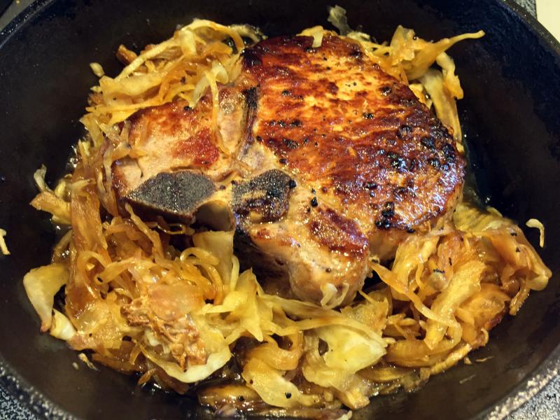 Easy and sooooo good. Pan fried pork chop with Morse’s sauerkraut. SUZI THAYER/Boothbay Register