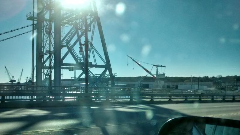 The Carlton Bridge towers and the big crane lording it over Bath Iron Works. MORGAN CALLAN ROGERS/Boothbay Register