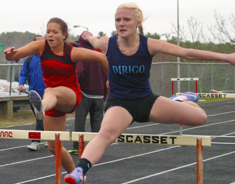 Keara Hunter, left, competes in the 100-meter hurdles. PHIL DI VECE/Wiscasset Newspaper