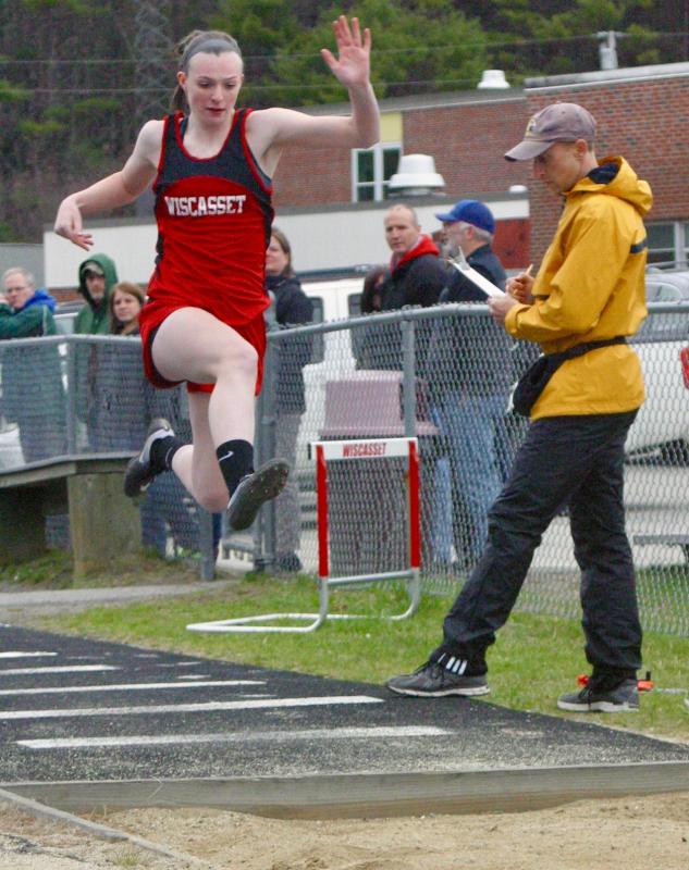 Grace Webber won the long jump with this leap of 15 feet at Tuesday’s track and field meet. PHIL DI VECE/Wiscasset Newspaper