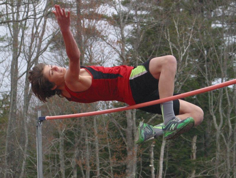 Wolverine Quinn Ranta competes in the high jump at the April 25 meet hosted by Wiscasset Middle High School. PHIL DI VECE/Wiscasset Newspaper