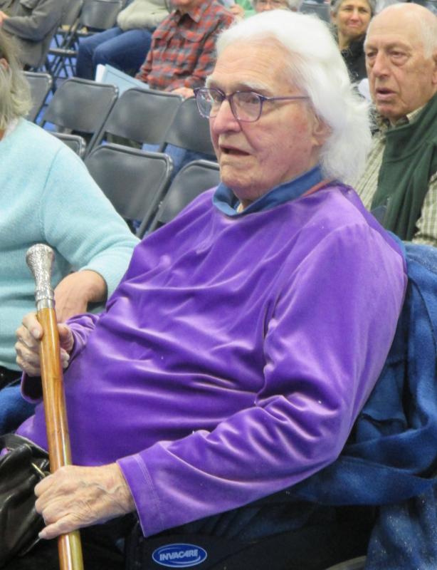 Margaret Gardiner of Phipps Point Road was presented the Boston Post Cane by the Woolwich Select Board before the start of the annual town meeting held at the Woolwich Central School Saturday morning. The ceremonial walking stick is given to the town’s oldest resident. PHIL DI VECE/Wiscasset Newspaper