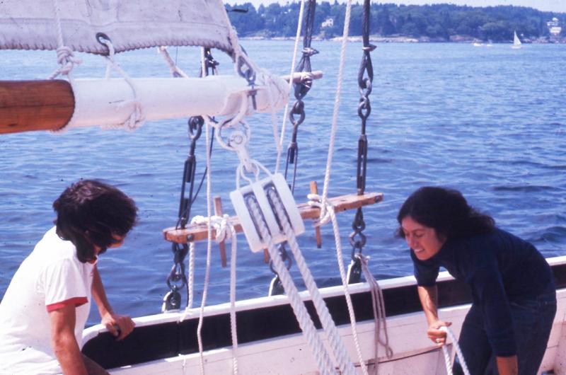 I taught my brother, Peter, some of the ins and outs of sailing a big old schooner. Photo owned by Suzi Thayer