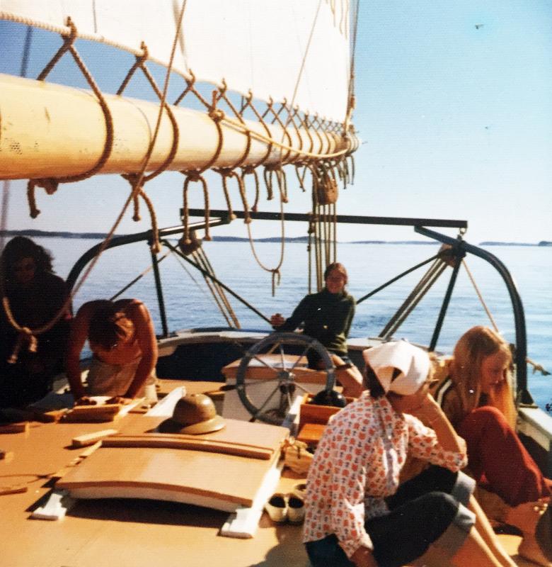 Me at the helm of the Mary E in 1972. Photo owned by Suzi Thayer