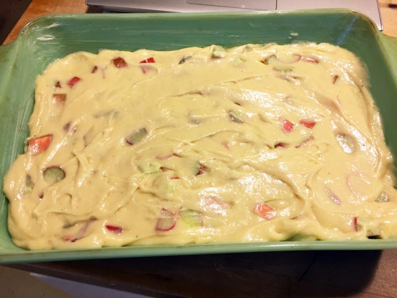 Sour cream rhubarb cake ready for the oven. SUZI THAYER/Boothbay Register