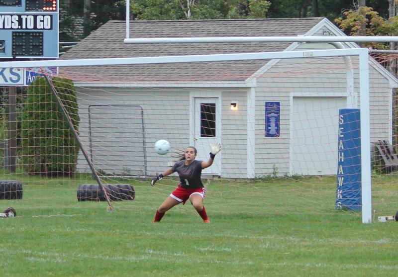 Goalie Lindsey Gordon stops a Boothbay penalty kick during the second half of play. SUE MELLO/Boothbay Register