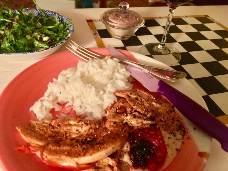 Ah-So roasted chicken with jasmine rice, an arugula salad and wine. SUZI THAYER/Boothbay Register