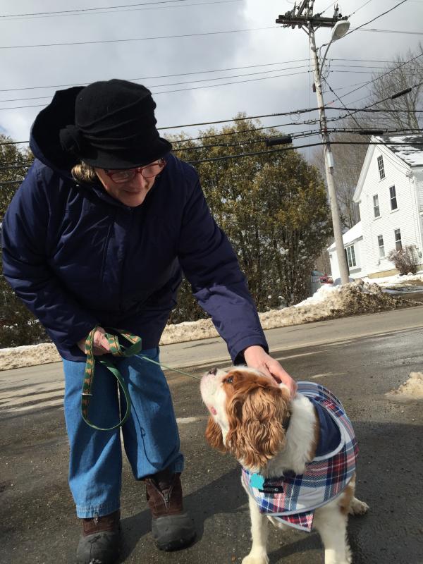 Wiscasset’s Sheila Ellis walks her King Charles, Churchill, on Federal Street March 9. SUSAN JOHNS/Wiscasset Newspaper