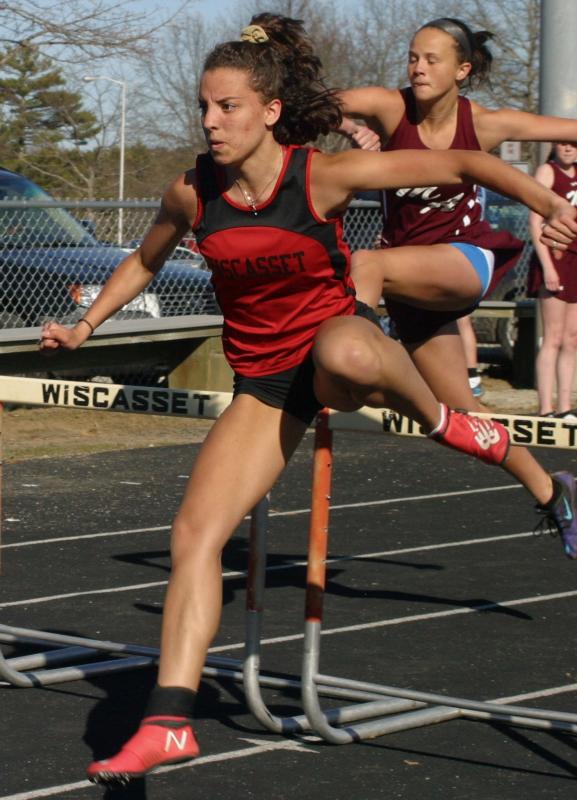 Ayanna Stover on her way to winning the 100-meter hurdles in 17.17 seconds. PHIL DI VECE/Wiscasset Newspaper
