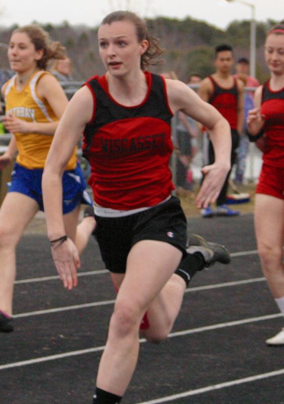 WMHS senior Grace Webber competed in the 100-meter hurdles and 200-meter dash at Friday’s first alumni meet with Boothbay Region. PHIL DI VECE/Wiscasset Newspaper