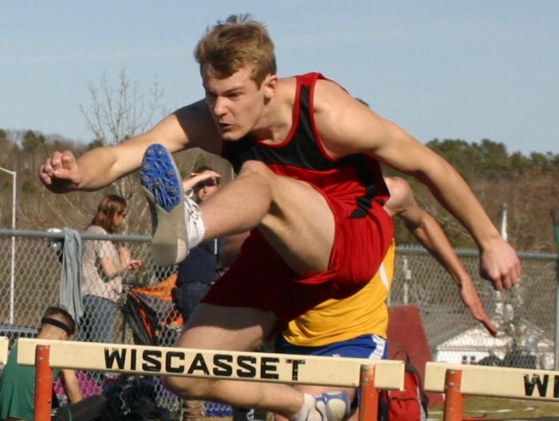 Matt Chapman won both the 110 and 300 hurdles in Monday’s meet hosted by Wiscasset Middle High School. PHIL DI VECE/Wiscasset Newspaper