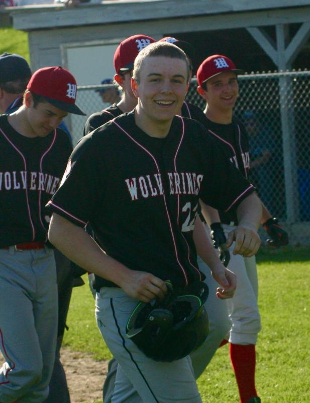Hayden Dunning is all smiles after hitting the Wolverines’ first home run of the season against Mountain Valley Wednesday. PHIL DI VECE/Wiscasset Newspaper