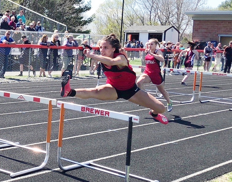 Ayanna Stover competes in the girls 3 by 60-meter shuttle hurdle. Courtesy of Josiah Winchenbach