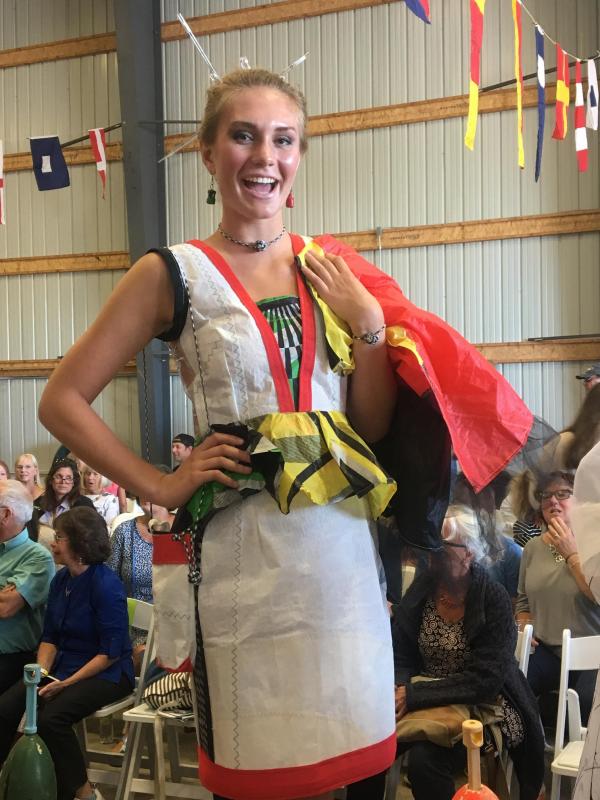 Faith Blethen in the People’s Choice shows off how the bottom ruffle of her gown doubles as a detachable wrap! SARAH MORLEY/Boothbay Register