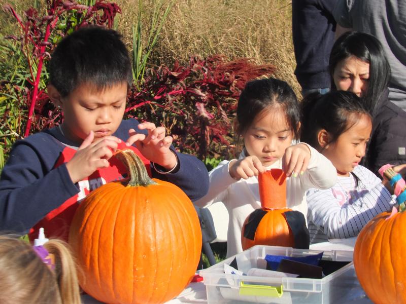 Pumpkin decorating takes a great deal of thought. LISA KRISTOFF/Boothbay Register The Great Pumpkin Hunt at Coastal Maine Botanical Gardens Oct. 20.