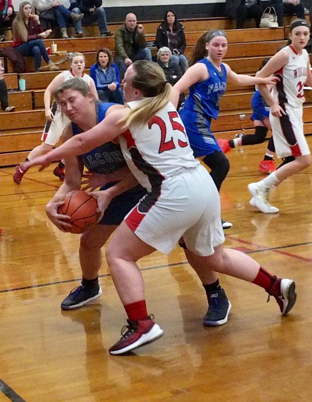 Sydnie Thayer applies the pressure on a Mountain Valley player. PHIL DI VECE/Wiscasset Newspaper