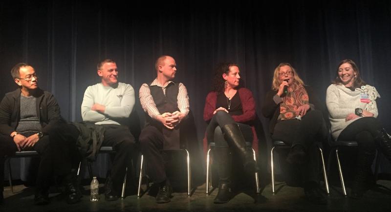 Panel members representing the local recovery collaborative in the Boothbay region, from left: Dr. Aquilino Alamo, Chief Bob Hasch, Daniel Bates, Lisa Carbone, Holly Stover, and Angela Musto at the documentary screening of “Recovery Boys” and participants in the Q&A afterward. LISA KRISTOFF/Boothbay Register