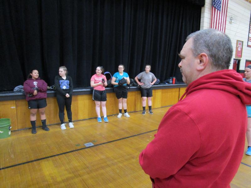 Wolverine Softball Coach Gordon Campbell at a March 19 practice in Stover Auditorium. PHIL DI VECE/Wiscasset Newspaper