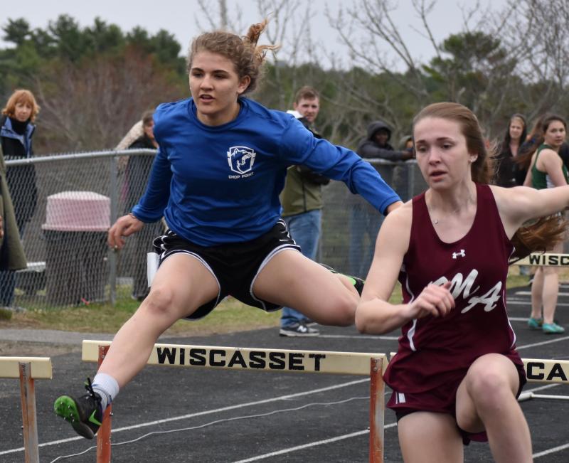 Josie Harrington, left, of Chop Point school came in second in the 100-meter hurdles at Monday’s MVC track meet. PHIL DI VECE/Wiscasset Newspaper