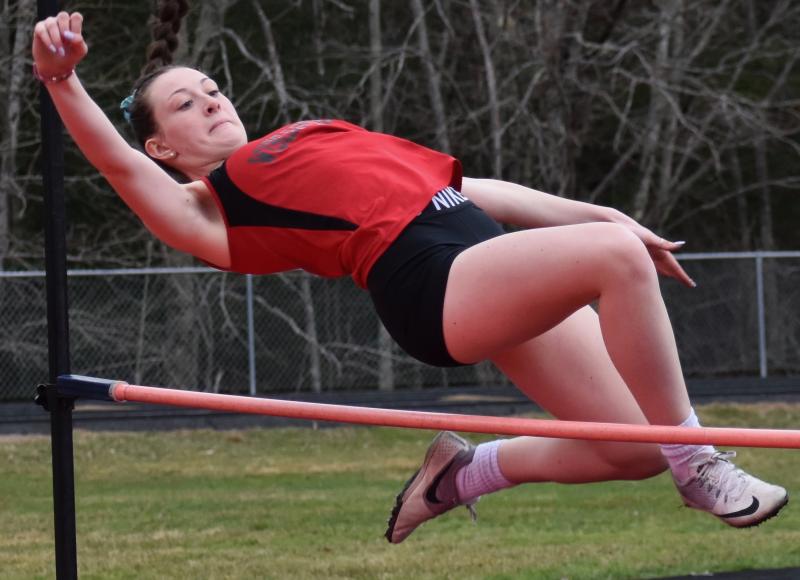 Gwenn Webber cleared 4’8” in the high jump at Monday’s MVC track meet. PHIL DI VECE/Wiscasset Newspaper