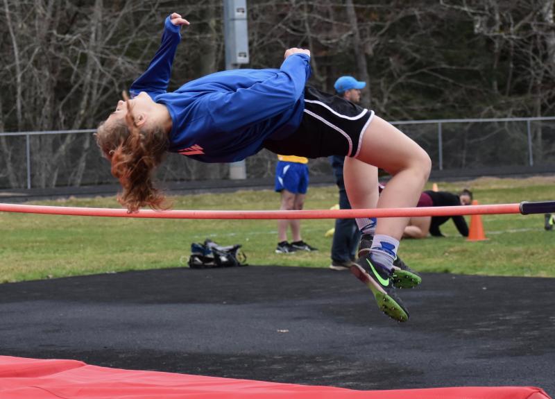 Chop Point’s Josie Harrington cleared a height of five feet winning the high jump in both MVC meets hosted by WMHS this season. PHIL DI VECE/Wiscasset Newspaper