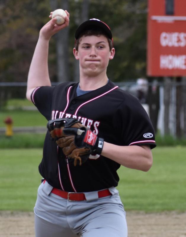 Brian Foye pitched in relief for the Wolverines in the first game of a double header with Dirigo. PHIL DI VECE/Wiscasset Newspaper