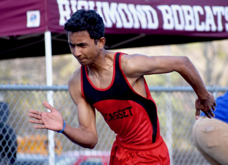 Muhammad Khalique won his heat and placed fifth for the Wolverines in the 100-meter dash at the April 30 MVC meet. PHIL DI VECE/Wiscasset Newspaper