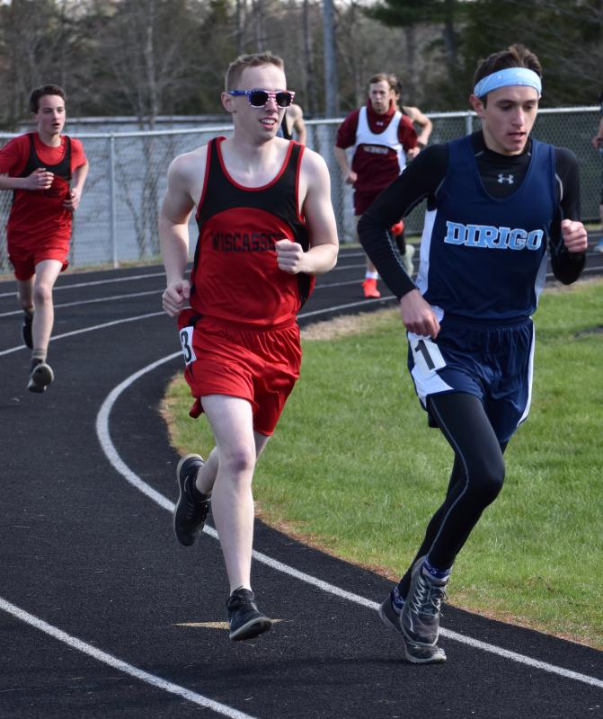 Wolverine Nate Gilliam placed second in the 1600-meter race. Chance Blagdon shown at the far left was sixth. PHIL DI VECE/Wiscasset Newspaper