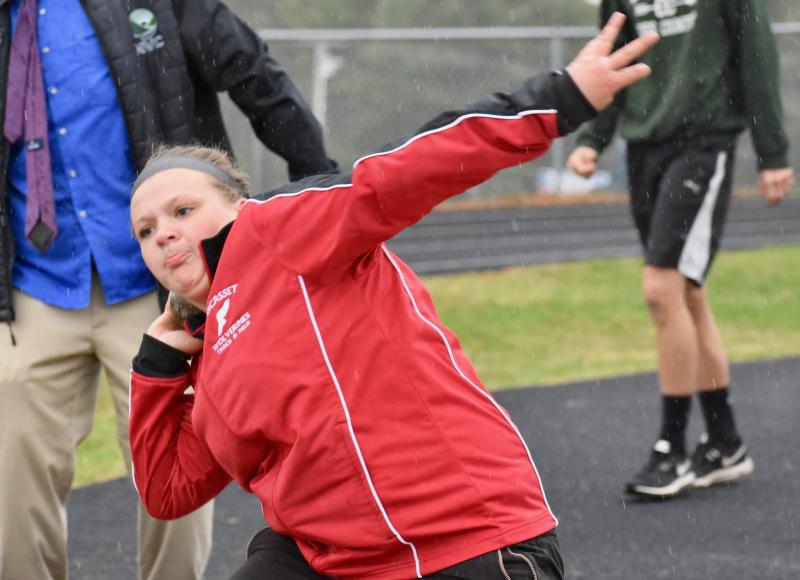 Lily Souza won three events April 30, the shot put, discus and javelin. PHIL DI VECE/Wiscasset Newspaper