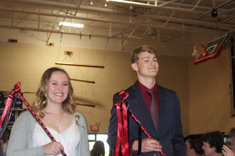 Co-class presidents Sydnie Thayer and Matthew Chapman lead their class into the gym. VANESSA DUNN/Wiscasset Newspaper