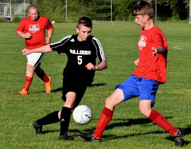 Mason Davenport, right, and Nick Travers in the July 2 game against visiting Hall-Dale. PHIL DI VECE/Wiscasset Newspaper