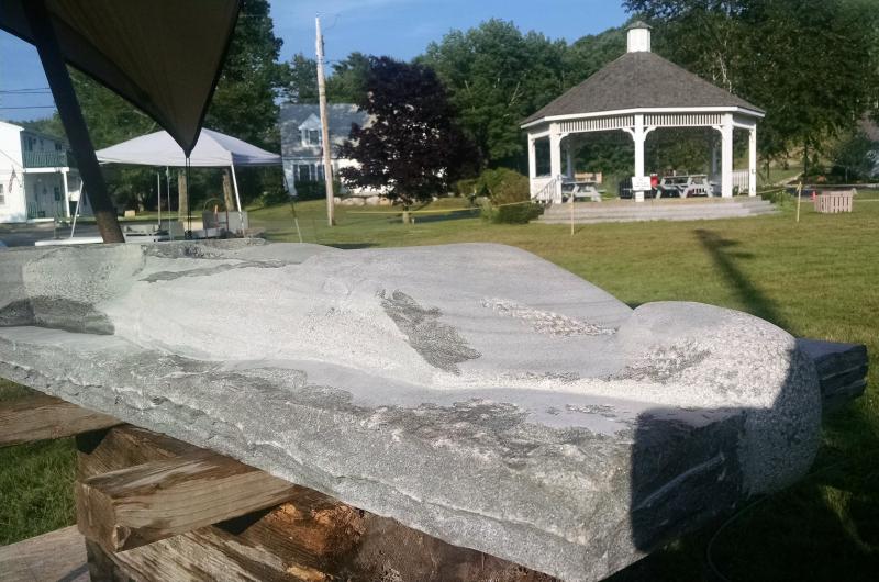 The view of the gazebo over Roy Patterson's project which is where the participants enjoy a lunch break each day sponsored by a local restaurant or food business. Special thanks to Crust/Uncle Phil's Bakery, Caper's Deli, T & D Variety, Pinkham's Gourmet Foods, Blue Moon Cafe, East Boothbay General Store, The Thistle Inn, Bet's Fish Fry, Ports of Italy, and Mine Oyster/Cod's Head BBQ. Margaret Hoffman photo
