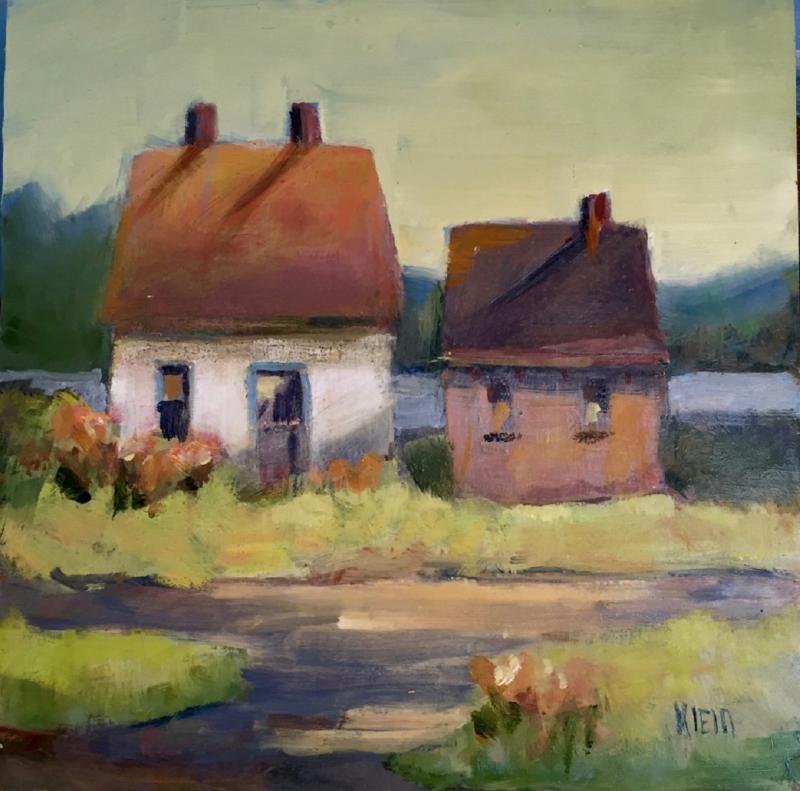 Barbara Klein’s colorful portraits of structural elements in the coastal landscape can be seen at the Pemaquid Art Gallery. “Three Chimneys” is just one example of her artistic interpretations of Maine. Coutesy of the venue