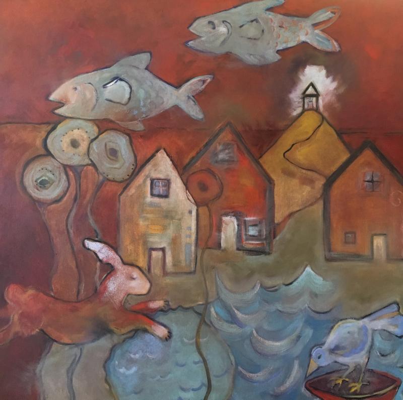 Kate Nordstrom”s 40” x 40” “Cadmium Landscape” is being exhibited at Carriage House Gardens of Wiscasset. Courtesy of the artist Kate Nordstrom