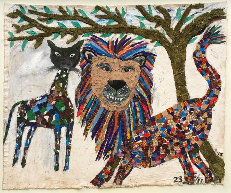 “The Lion and the Jackal,” a fabric and paint collage by Kenyan artist Irene Wanjiru will be among her works at Gold/Smith Gallery in Boothbay Harbor later this month. Courtesy of the venue Kenyan artist Irene Wanjiru