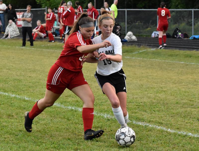 Jasmine Rego and Hall-Dale’s Rita Benoit. PHIL DI VECE/Wiscasset Newspaper