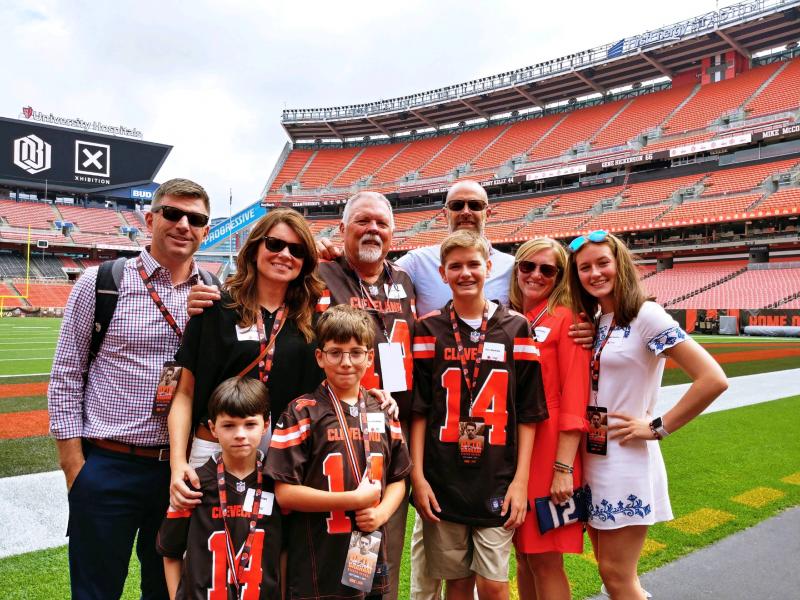 Enjoying the experience in FirstEnergy Stadium are, from left, back row: Marc Anton, Lindy Graham, Duey Graham and Bar Clarke; front row, Alex Anton, Graham Anton, Finn Harkins, Lauren Graham and Isabel Harkins. Courtesy photo