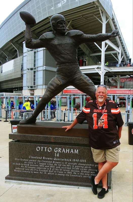 Duey Graham stands in front of the statue of his father, Otto Graham, which was recently erected outside the Cleveland Browns’ stadium, FirstEnergy Stadium in Cleveland, Ohio. Courtesy photo