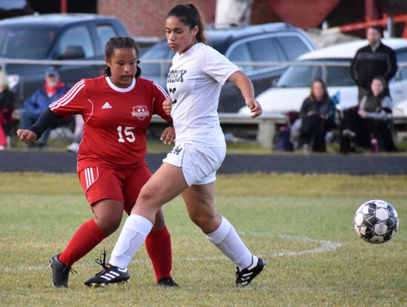 Latisha Wright and Spruce Mountain’s Gaby Rodriguez. PHIL DI VECE/Wiscasset Newspaper