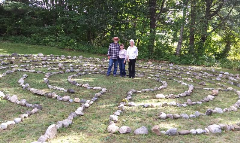Thom Sikes, Sue Sikes, center, and Rev. Kate Pinkham stand in the center of the labyrinth they created at Edgecomb Community Church. JANE CARPENTER/Boothbay Register