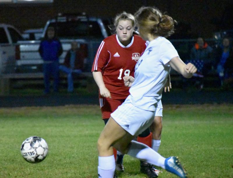 Kateleen Trask netted WMHS’ first goal against Telstar. PHIL DI VECE/Wiscasset Newspaper