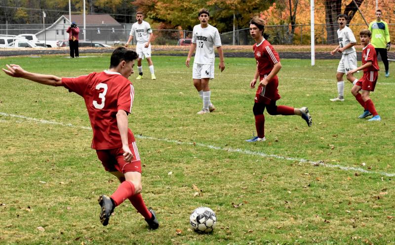 Aiden Foley #3 and John Hodson, center, both scored for Wiscasset/Boothbay in Monday’s game with the Phoenix. Also pictured is Wolverine Peyton Blagdon. PHIL DI VECE/Wiscasset Newspaper