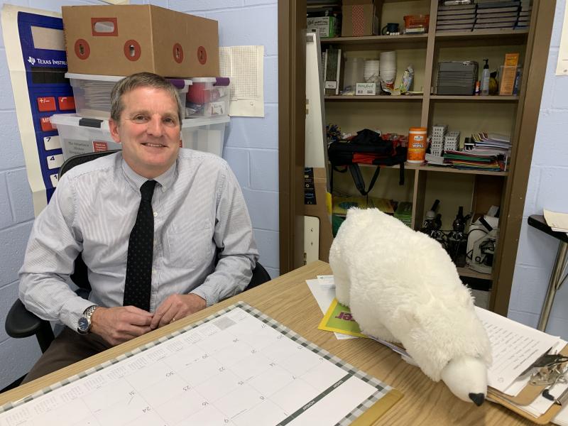 Longtime Bath teacher and new Wiscasset teacher Dane Dwyer, on a recent Stuffy Day he said students could have stuffed toys in class. The one on his desk is grandson Jacob’s. Dwyer said he and wife Gail were looking forward to Jacob coming to Maine to live with them. SUSAN JOHNS/Wiscasset Newspaper
