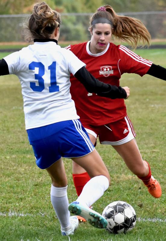 Cara Viele’s goal briefly gave the Wolverines the lead over the Falcons. PHIL DI VECE/Wiscasset Newspaper