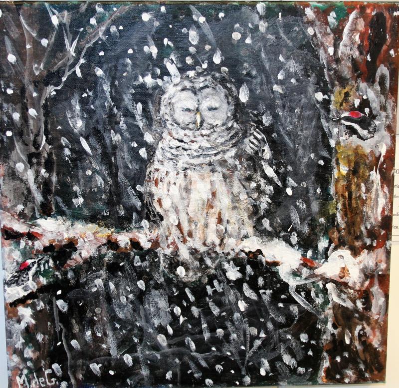 Marjorie de Garmo’s “Owl in Winter” acrylic 12” X 12” square in the 2018 Art in the Square sale and show. File photo Marjorie de Garmo