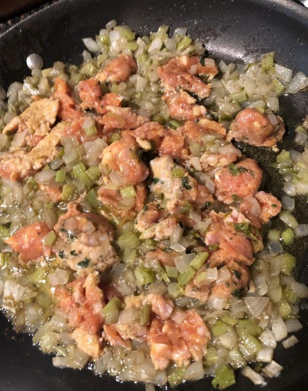Cook your sausage with the onions and celery. Lisa Orne Hallinan photo