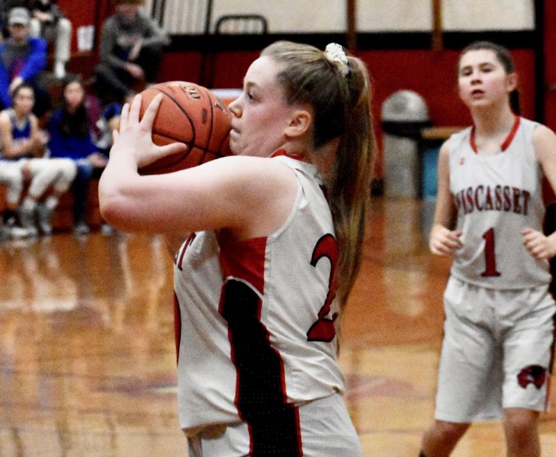 Kateleen Trask led the Wolverines in scoring with eight points against the Falcons. PHIL DI VECE/Wiscasset Newspaper