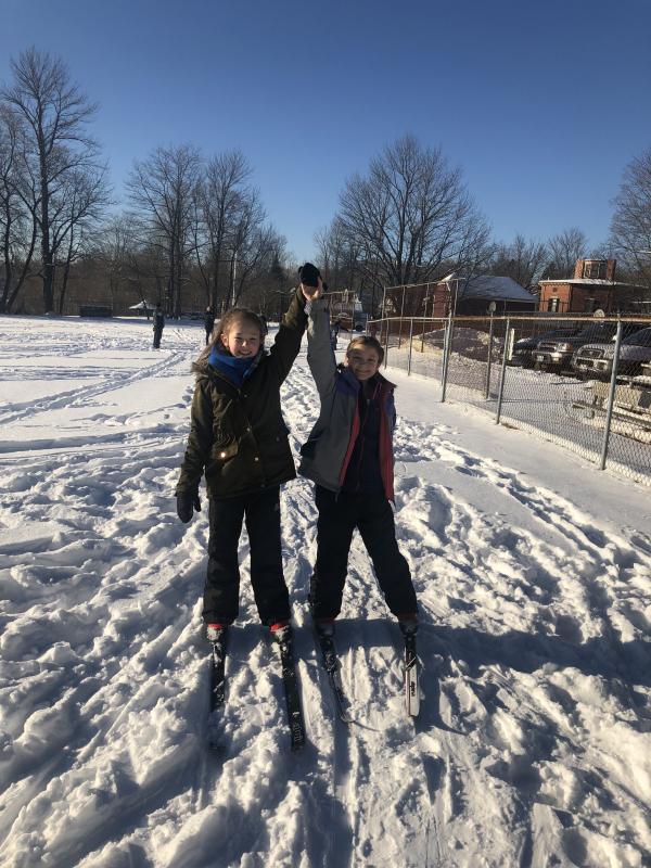 Fifth grade students Daisy Delano, left, and Charlotte Bickford on the cross-country ski trail. Cindy Collamore photo